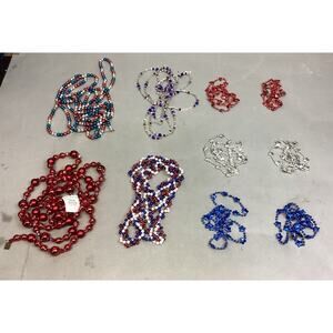 EC Red Garland (Damaged), 2 Other Garlands & 7 Red White Blue Stars Necklaces